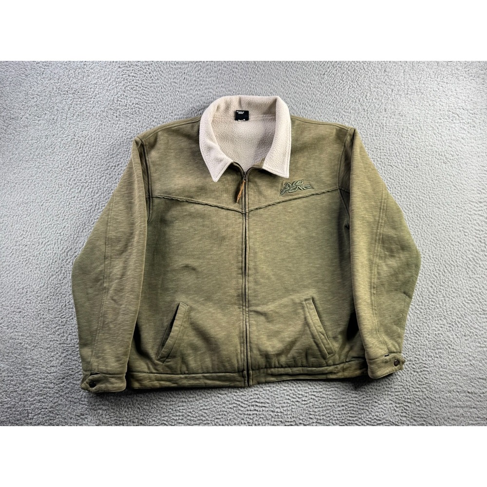 Vintage No Fear Jacket Mens 2XL Green Full Zip Fleece Sweat Y2K Collared